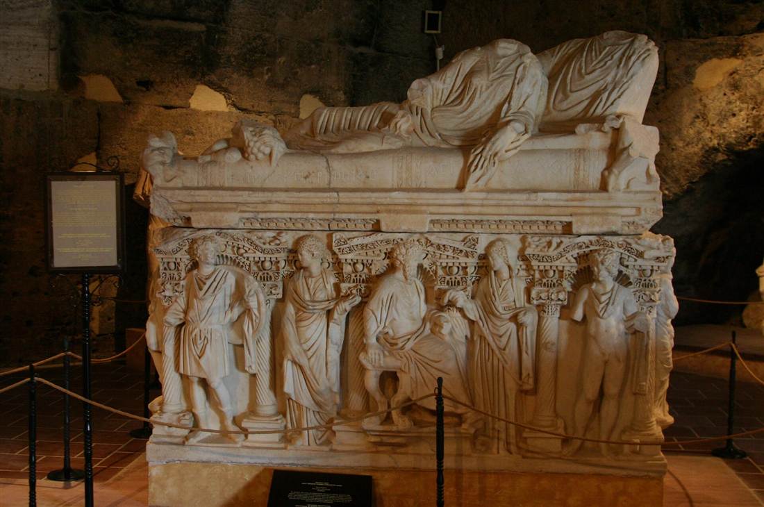 A carved marble sarcophagus in the Hierapolis Archaeology Museum