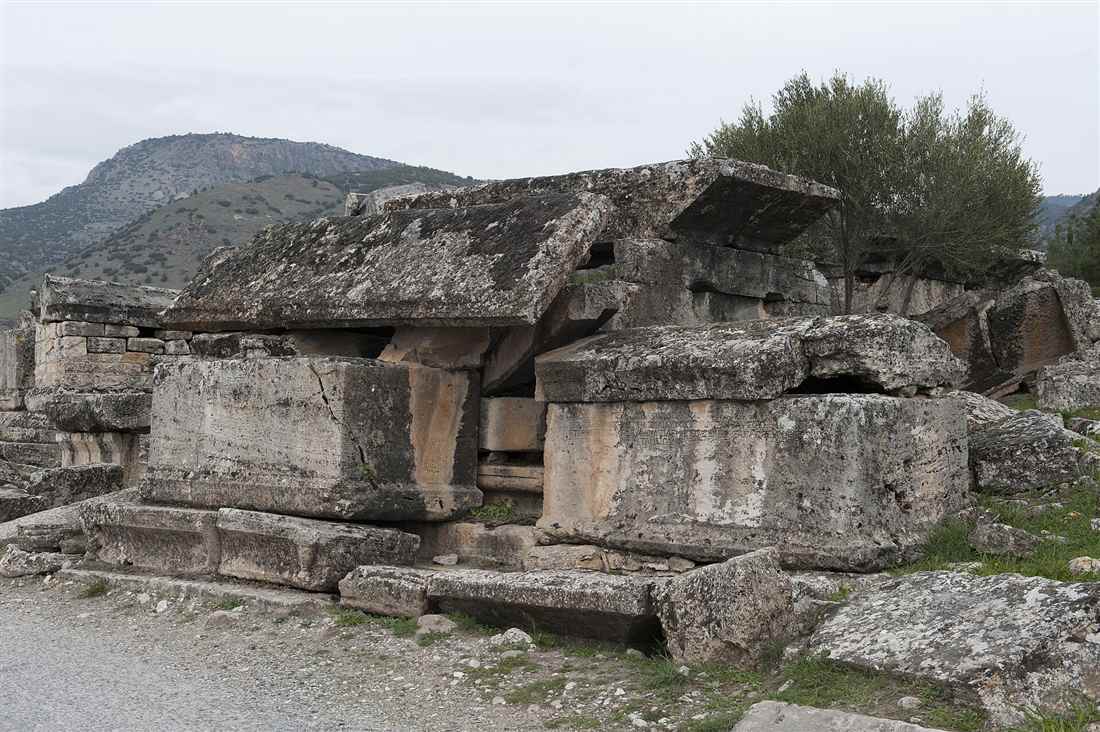 A carved stone tomb in the necropolis of Hierapolis above Pamukkale