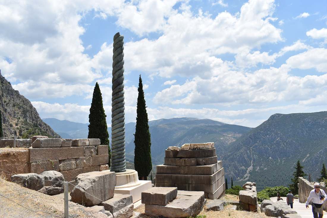 The archaeological site of Delphi on the slopes of Mount Parnassus, reached from Athens by road