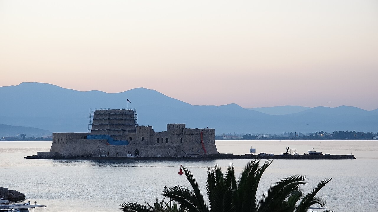 The island castle of Bourtzi at sunset, Nafplio