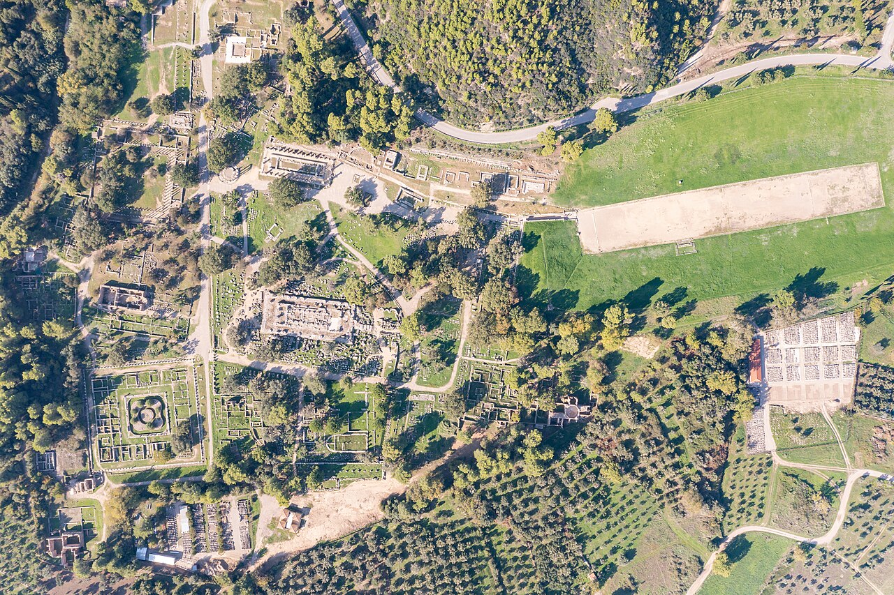 Aerial view of the archaeological site of Ancient Olympia in its green valley, one of the great sites of Greece