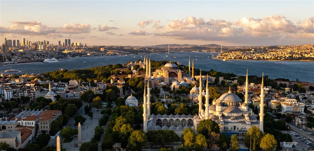 The historical peninsula of Istanbul with Hagia Sophia and the Blue Mosque above the Bosphorus