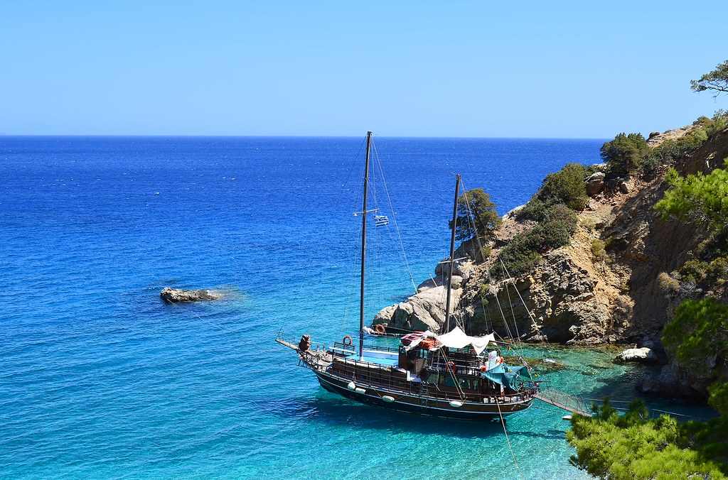 A traditional wooden boat anchored in a clear turquoise cove on the coast of Karpathos