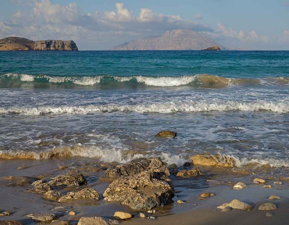 Agios Nikolaos beach at Arkasa, Karpathos, looking across to the island of Kasos