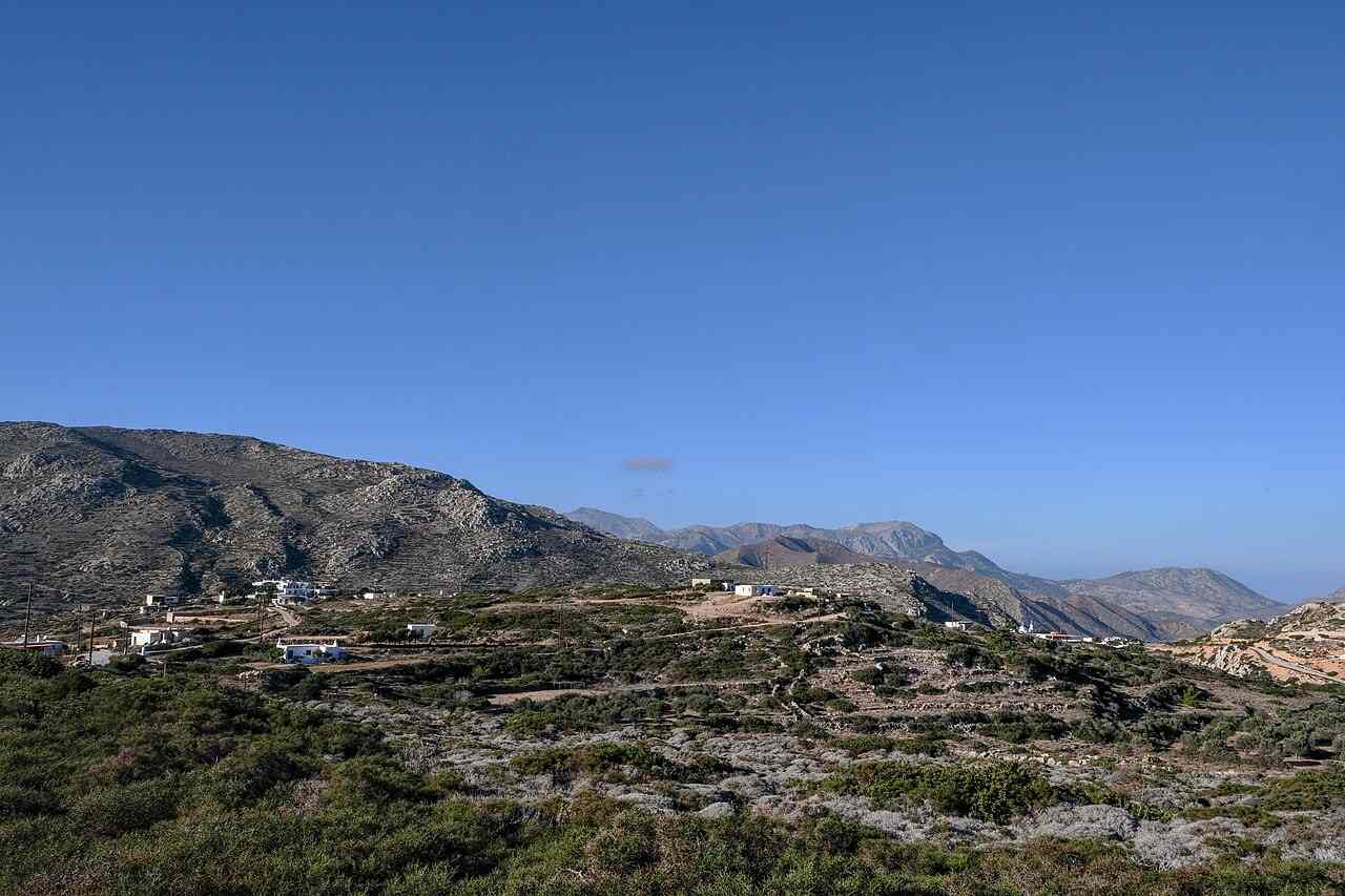 The terraced hills and scattered settlements of Karpathos, crossed by the island quiet roads