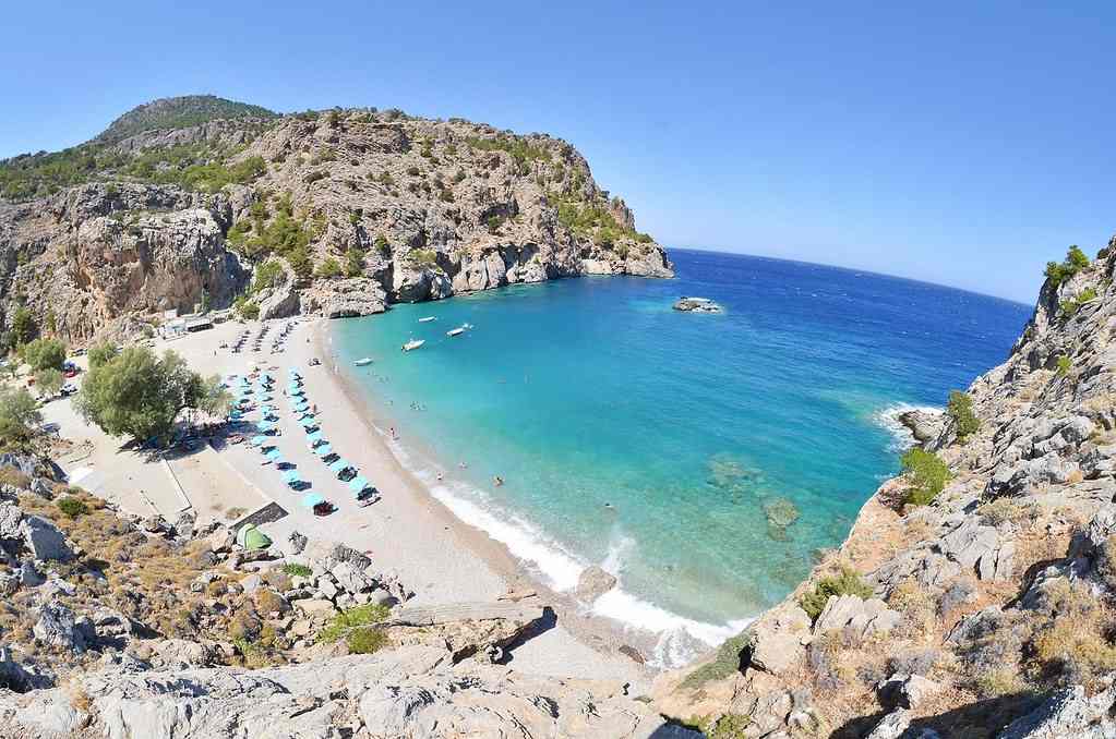 A cliff-framed cove with clear turquoise water on the coast of Karpathos