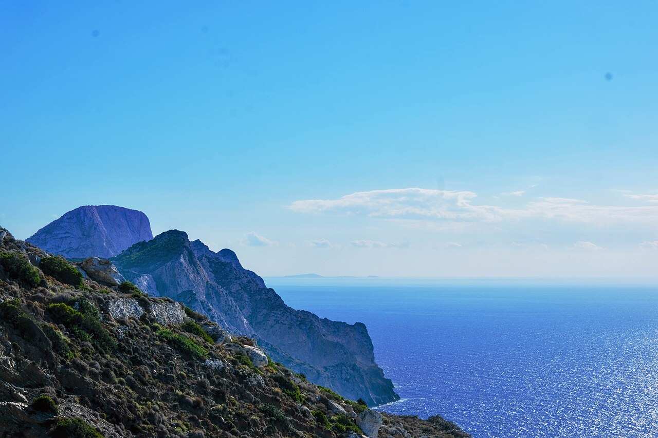 The mountains of Karpathos rising above the sea, crossed by the island hiking trails