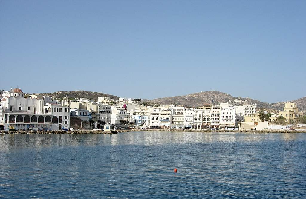 The waterfront of Pigadia, the main port of Karpathos, seen on arrival from the sea