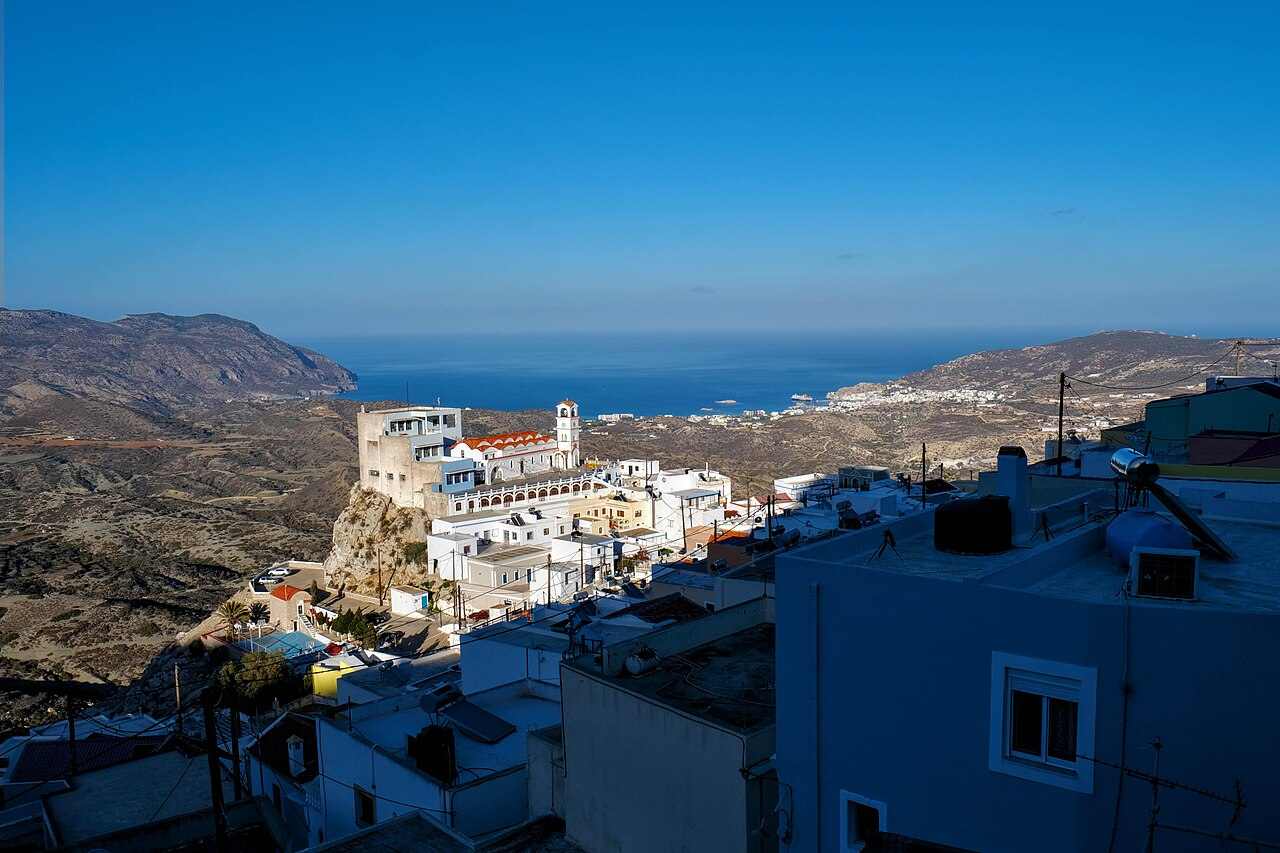 View over Pigadia and the bay of Karpathos from the village of Menetes