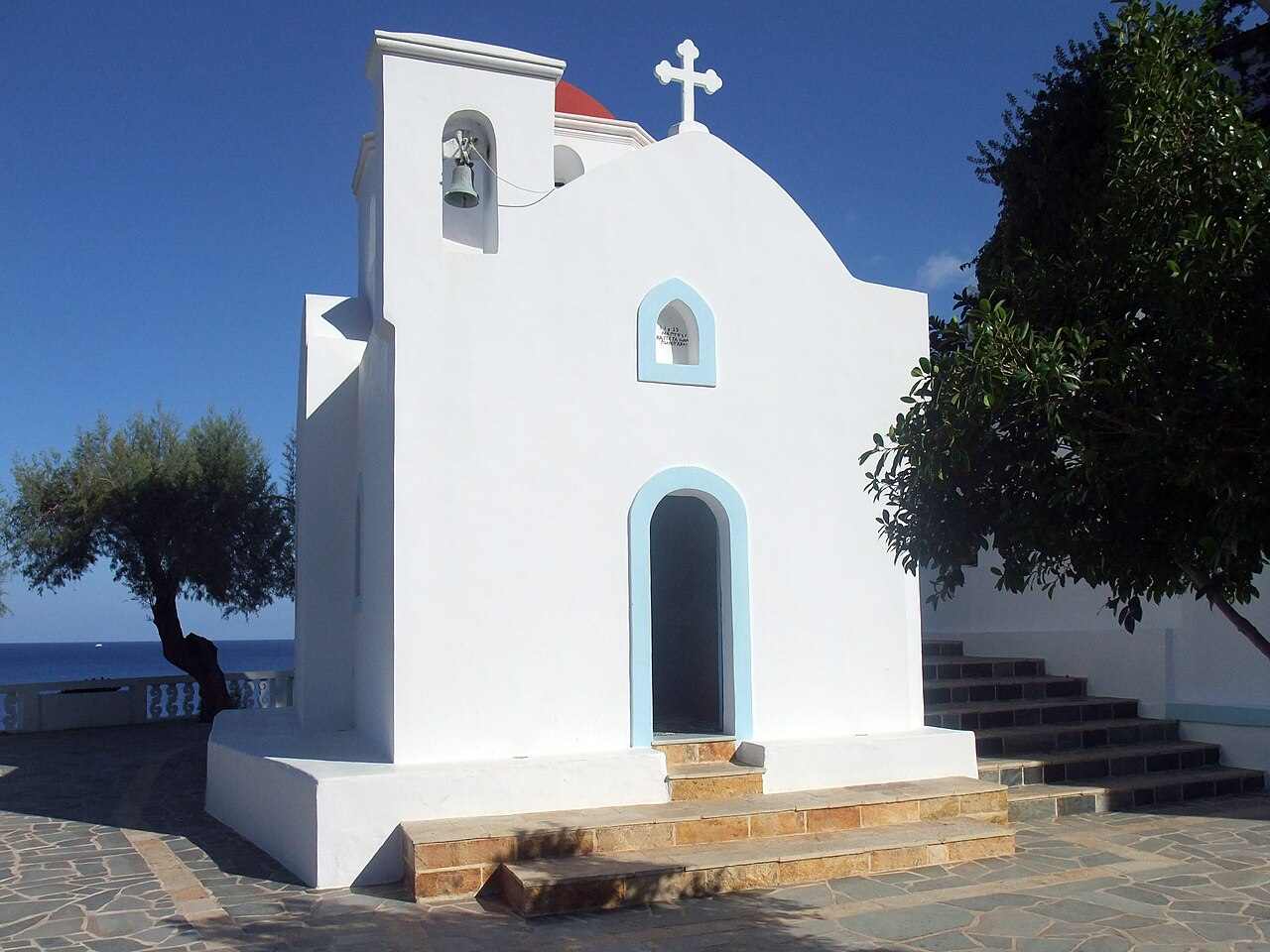The red-domed chapel of Kyra Panagia above the beach on Karpathos