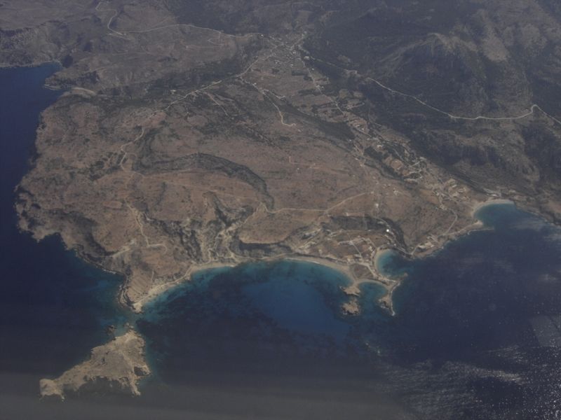 Aerial view of Lefkos and its sheltered coves on the west coast of Karpathos