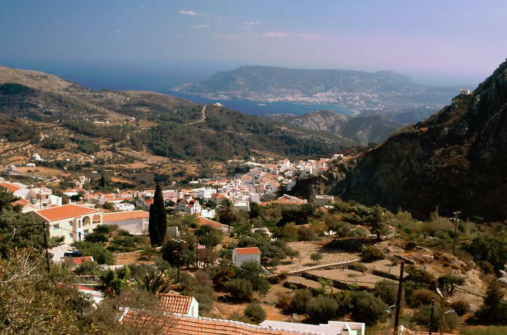 A hillside village and the sea in the interior of Karpathos above the capital