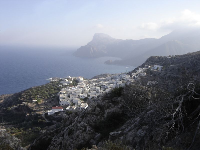 The village of Mesochori on a slope above the sea on the west coast of Karpathos