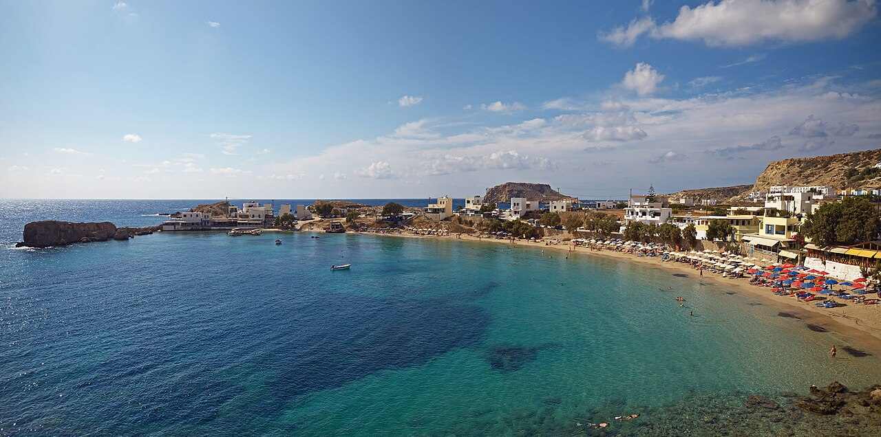 The bay and village of Lefkos on the west coast of Karpathos, a quiet beach base
