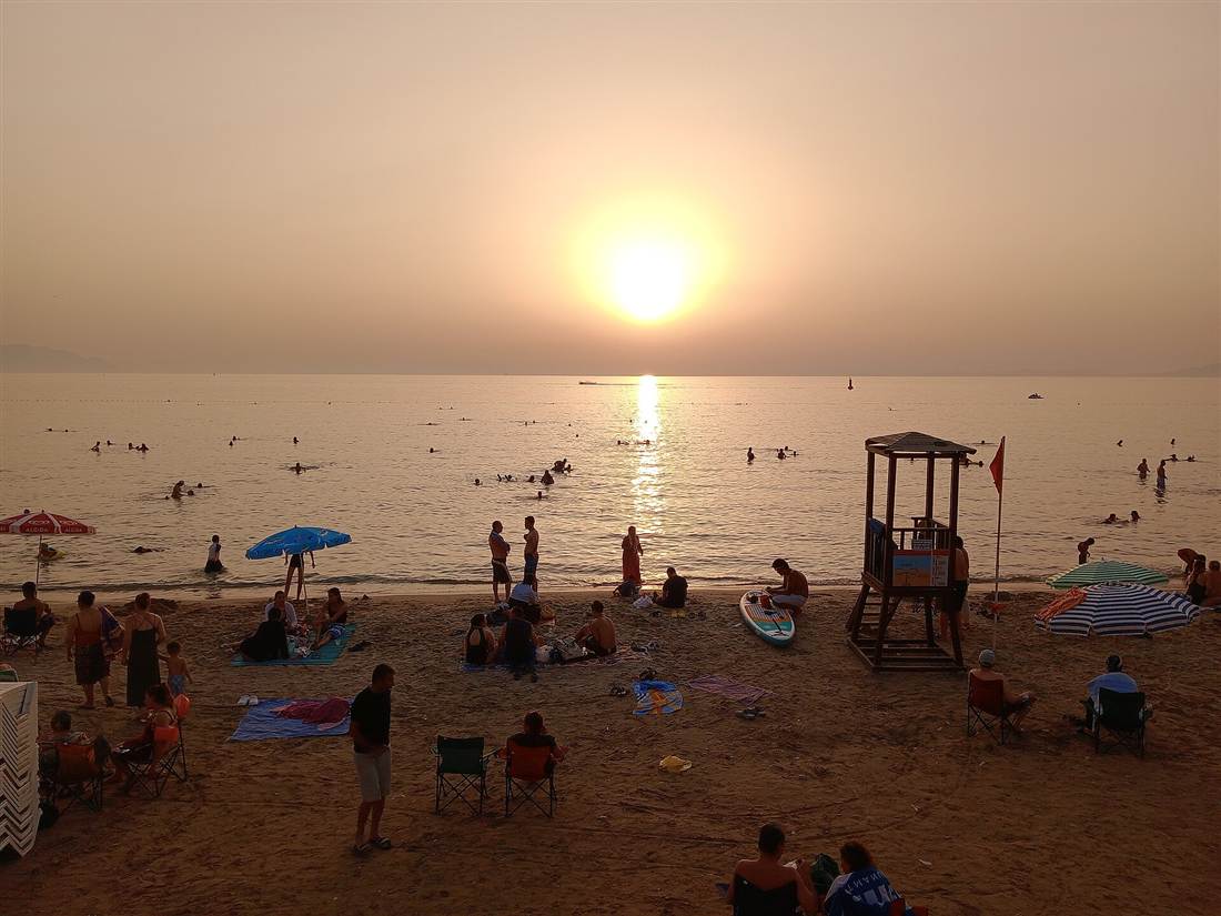 Sunset over the Aegean at Kusadasi Ladies Beach, a short drive from Pamucak