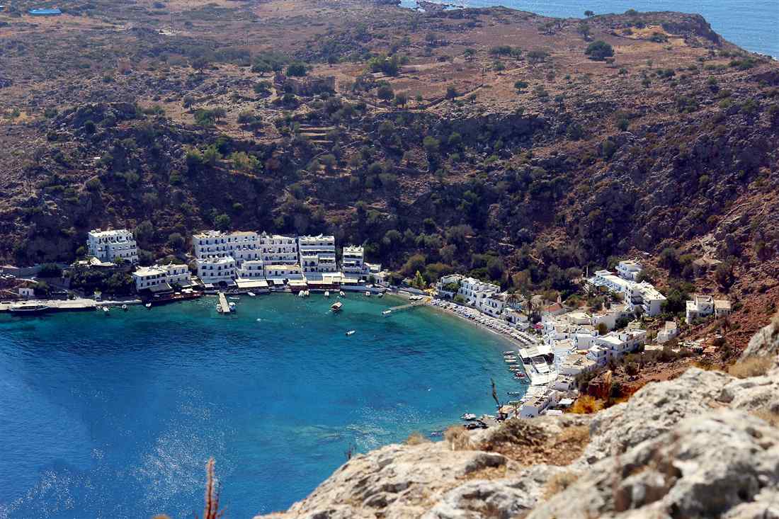 The car-free village of Loutro in its horseshoe bay on the Sfakia coast of Crete