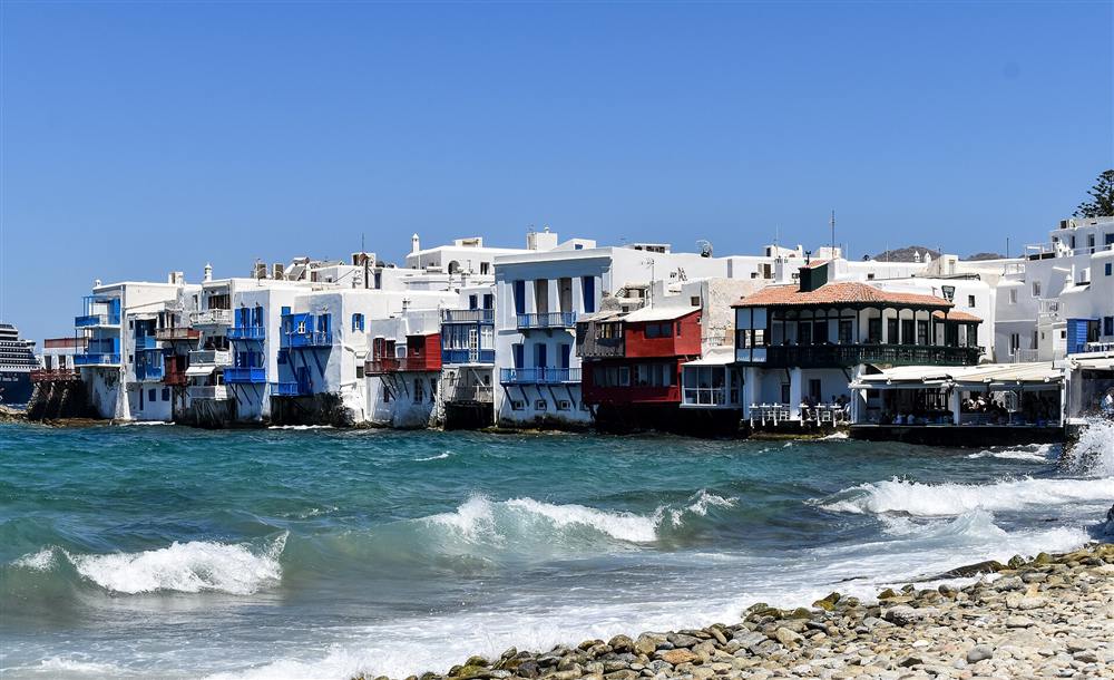 The waterfront houses of Little Venice in Mykonos Town, Greece