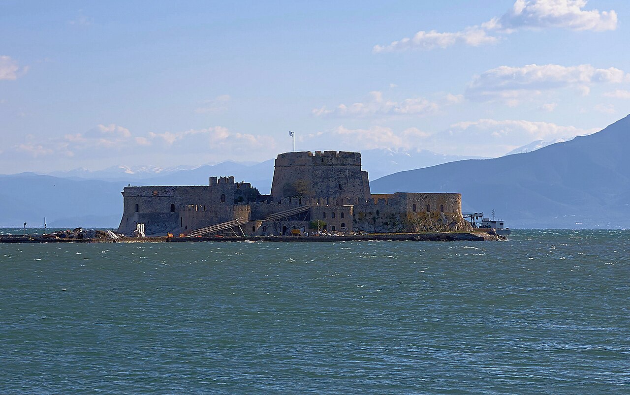 The island castle of Bourtzi in the harbour of Nafplio, seen from a boat