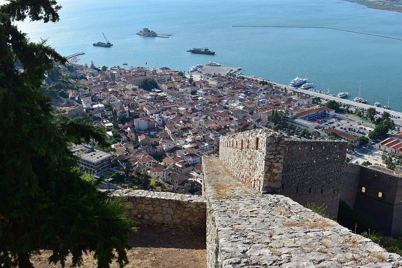 Bourtzi and the old town of Nafplio seen from Palamidi fortress