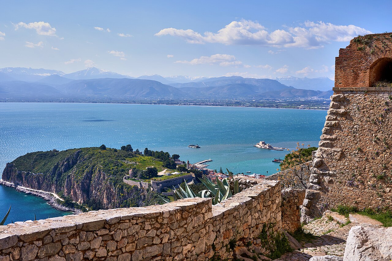 The town of Nafplio and the island castle of Bourtzi seen from Palamidi fortress