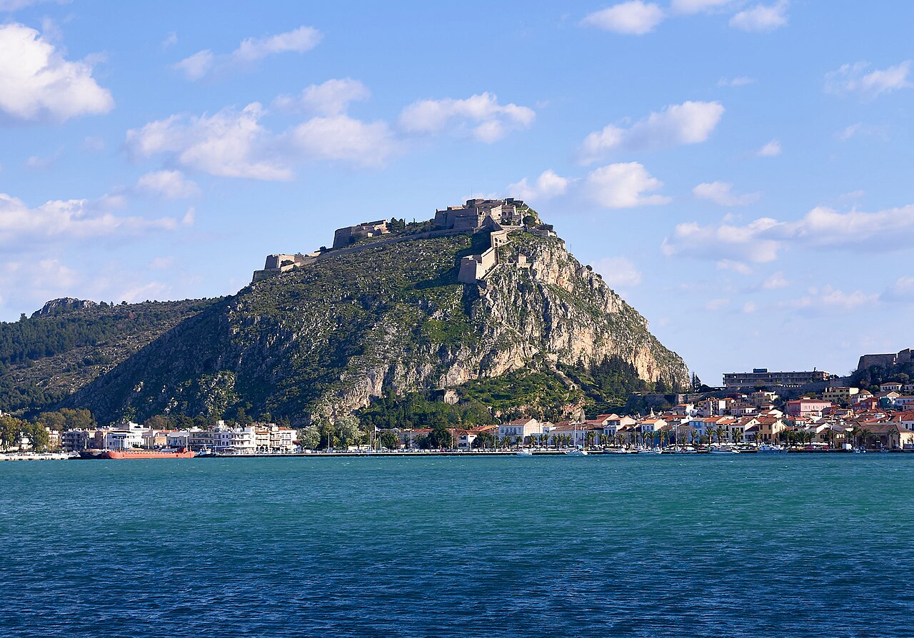 The Venetian fortress of Palamidi on its hill above Nafplio, seen from the Argolic Gulf