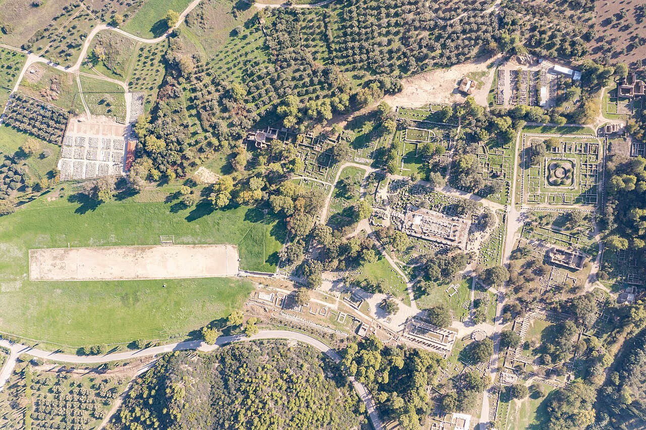 Aerial view of the archaeological site of Olympia showing the layout of its many monuments