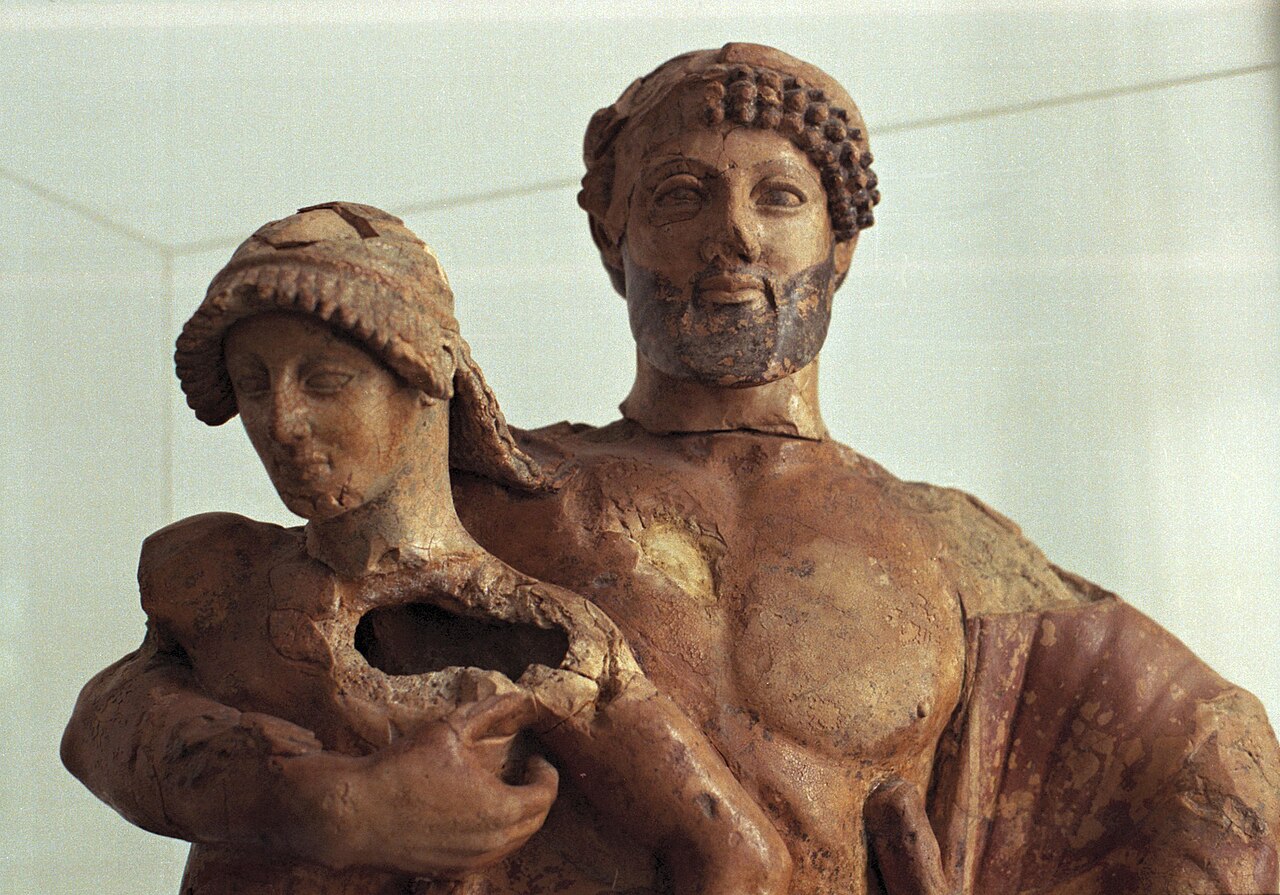 Terracotta group of Zeus carrying off Ganymede, a myth preserved in the Archaeological Museum of Olympia