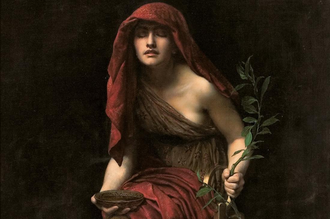 The Pythia, priestess of the Oracle of Delphi, holding laurel and a bowl over the tripod (Priestess of Delphi, John Collier)