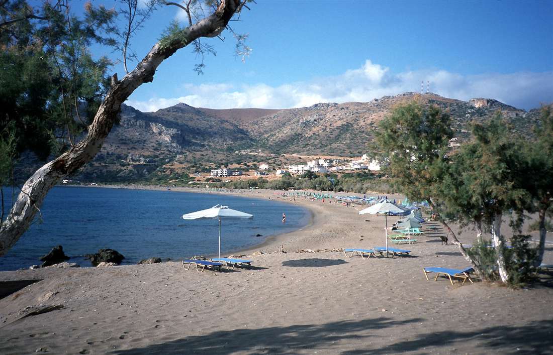 The sandy Pachia Ammos beach and bay at Paleochora on the south-west coast of Crete