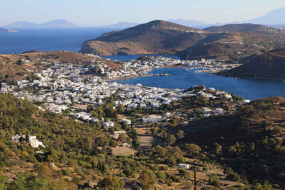Boats and yachts in the sheltered harbour of Skala, Patmos