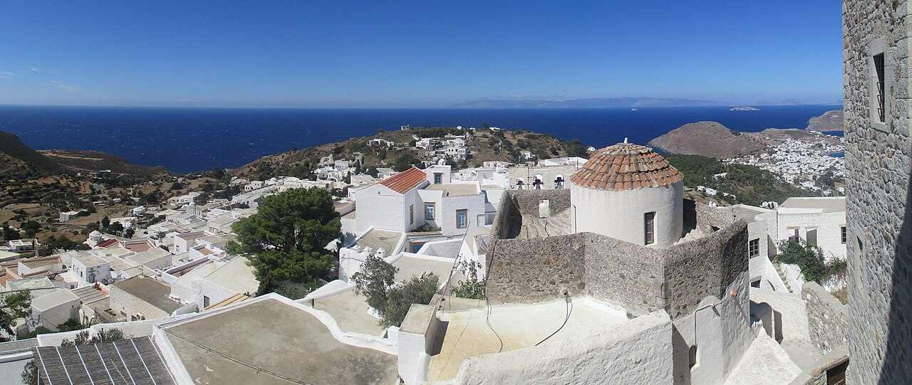 View over the whitewashed rooftops of Chora to the sea, Patmos