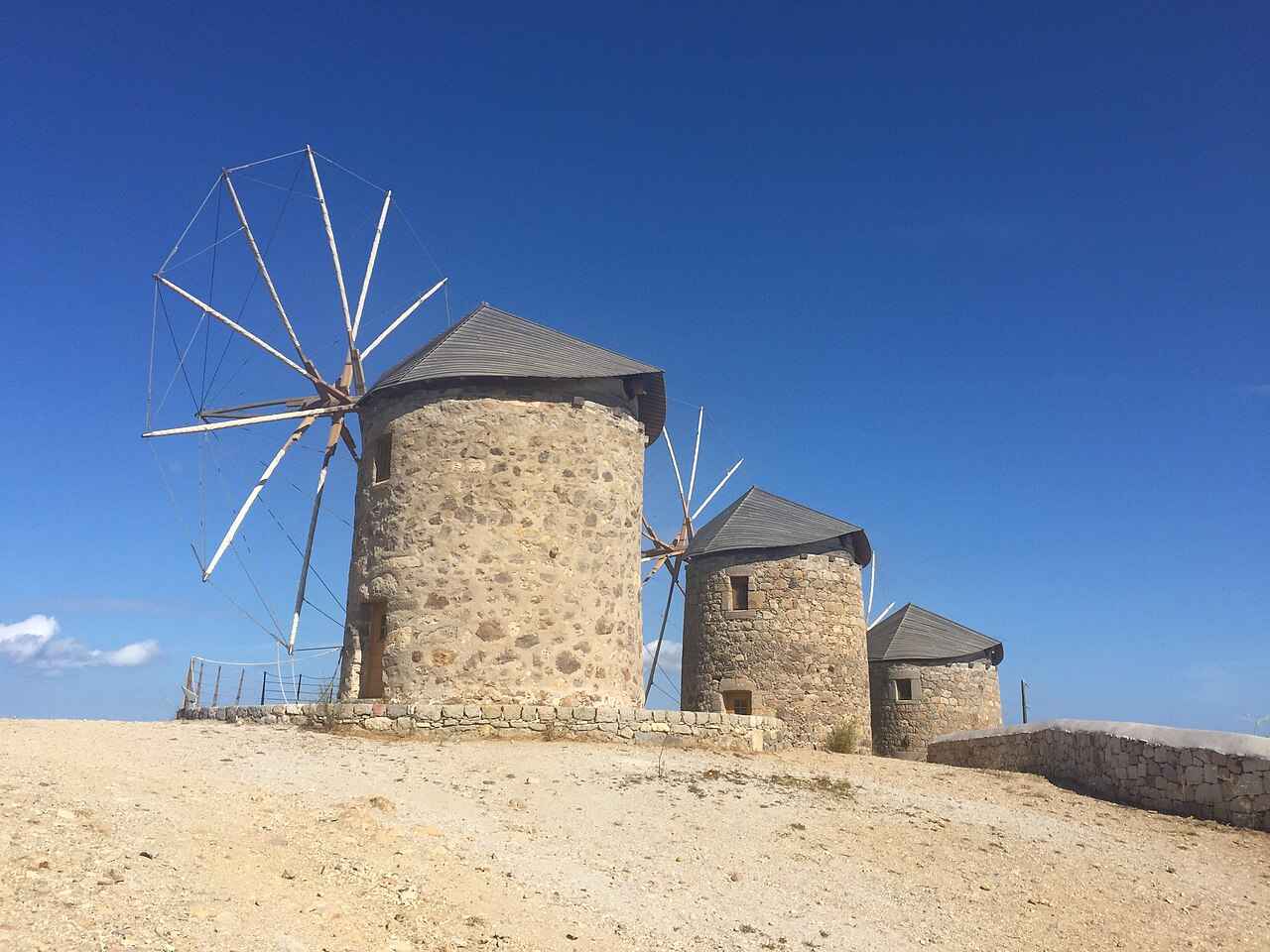 The restored stone windmills above Chora, Patmos