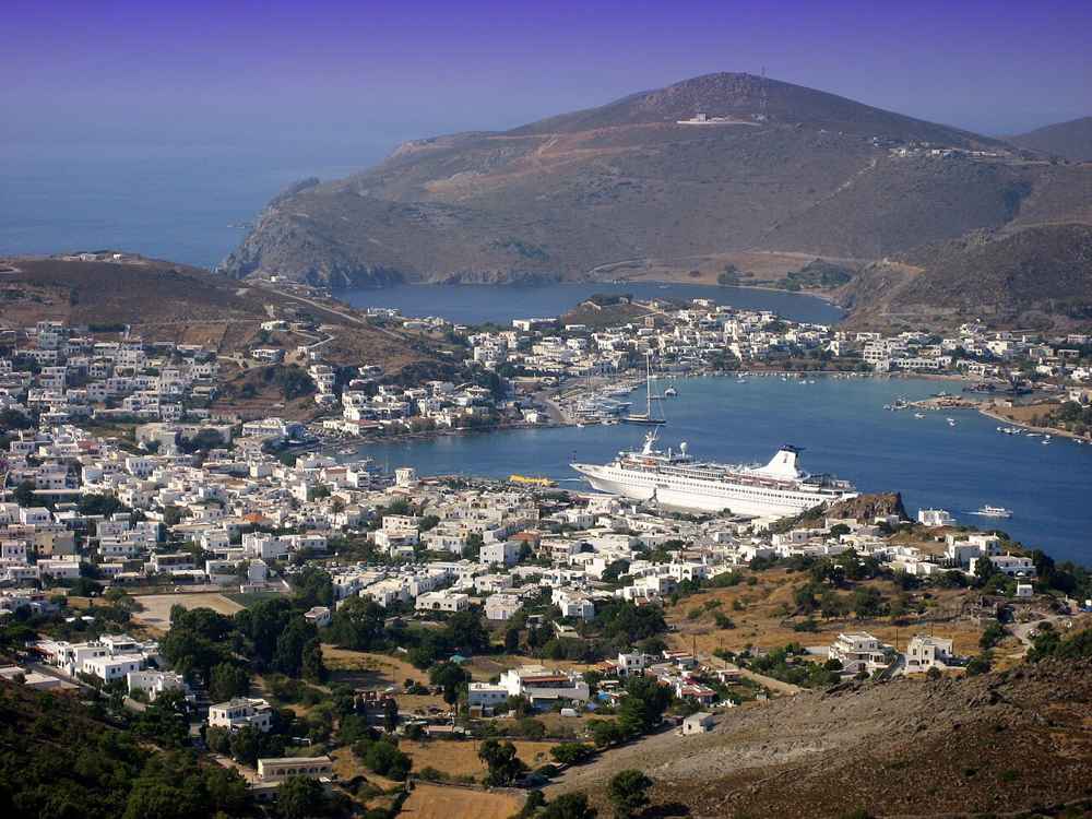 A ship in the harbour of Skala, the port of Patmos