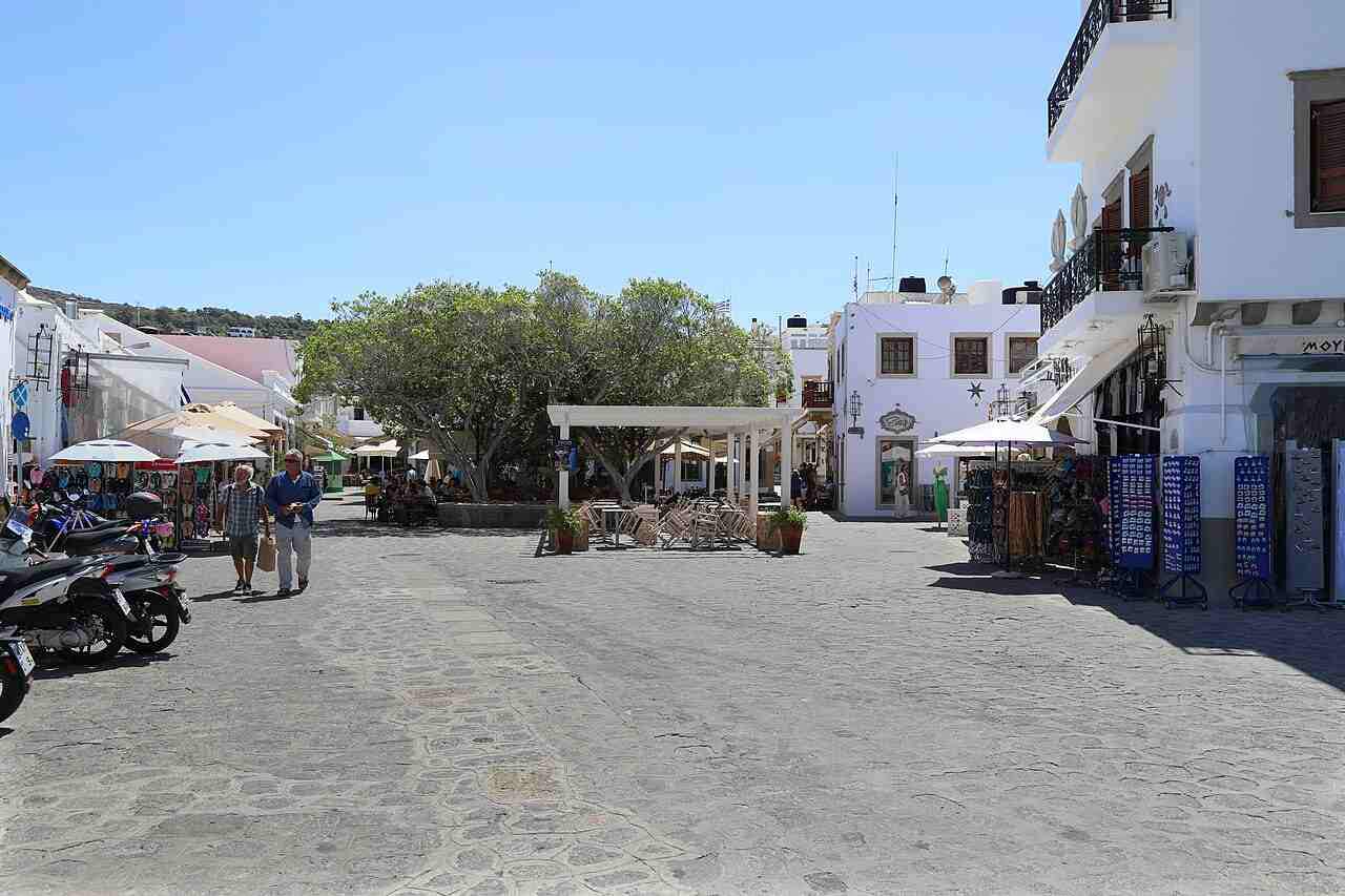 The main square of Skala, the port town of Patmos