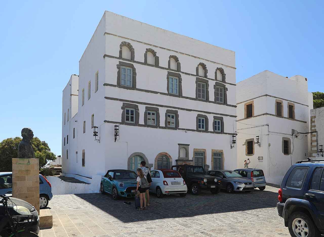 A grand whitewashed mansion on the main square of Chora, Patmos