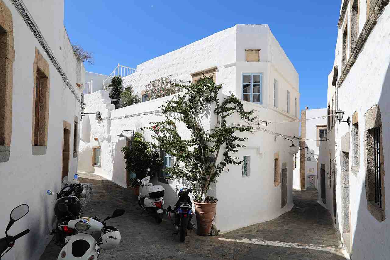 A whitewashed lane in Chora leading toward the monastery, Patmos