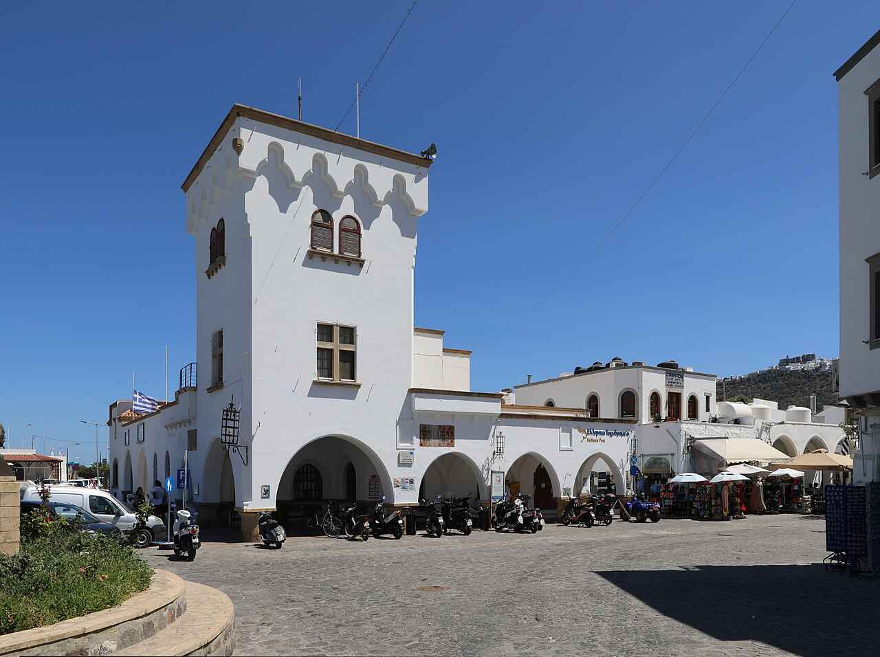 The Italian-era post office tower on the square in Skala, Patmos