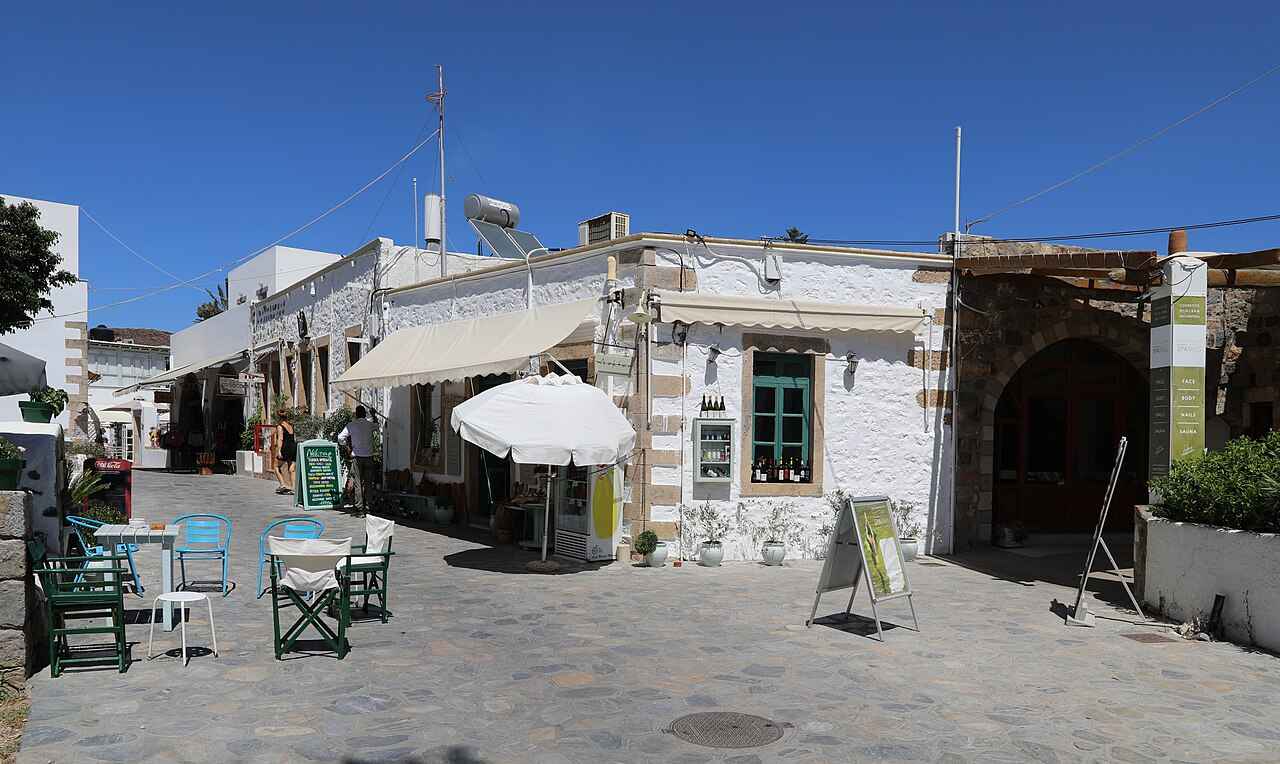 A cafe-lined square in the port town of Skala, Patmos