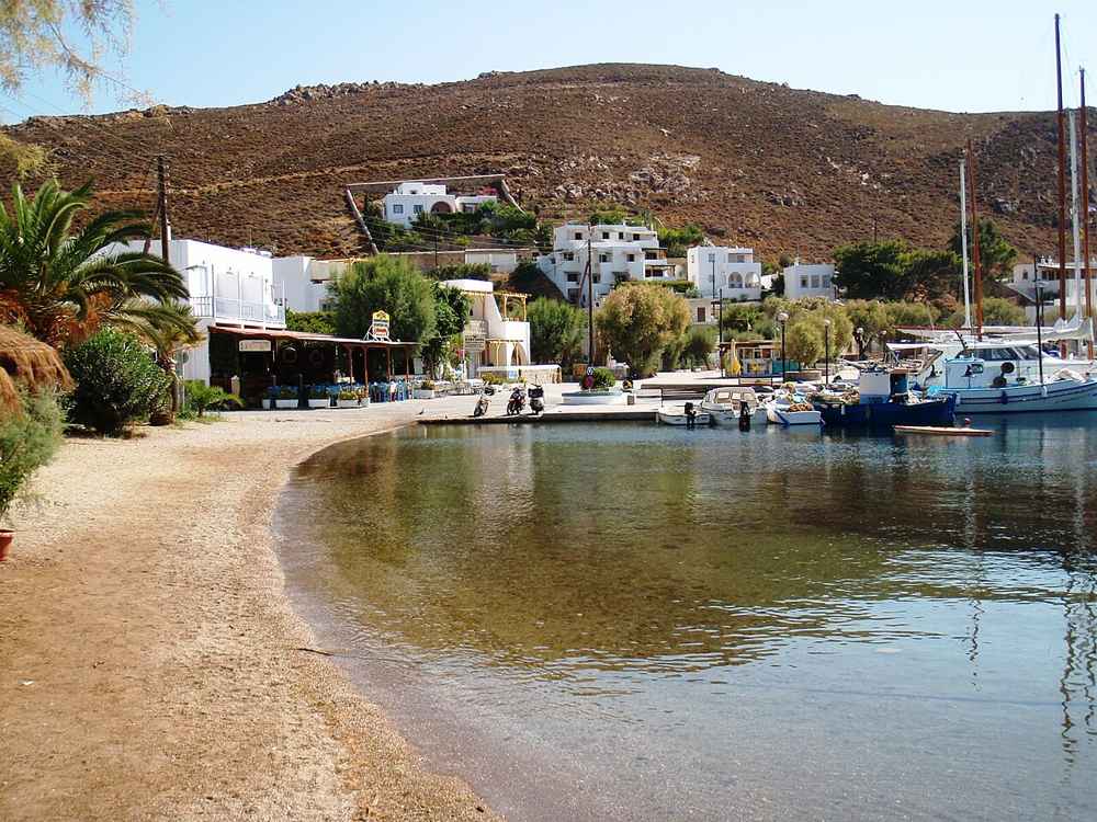 The sandy beach and sheltered bay of Grikos, Patmos