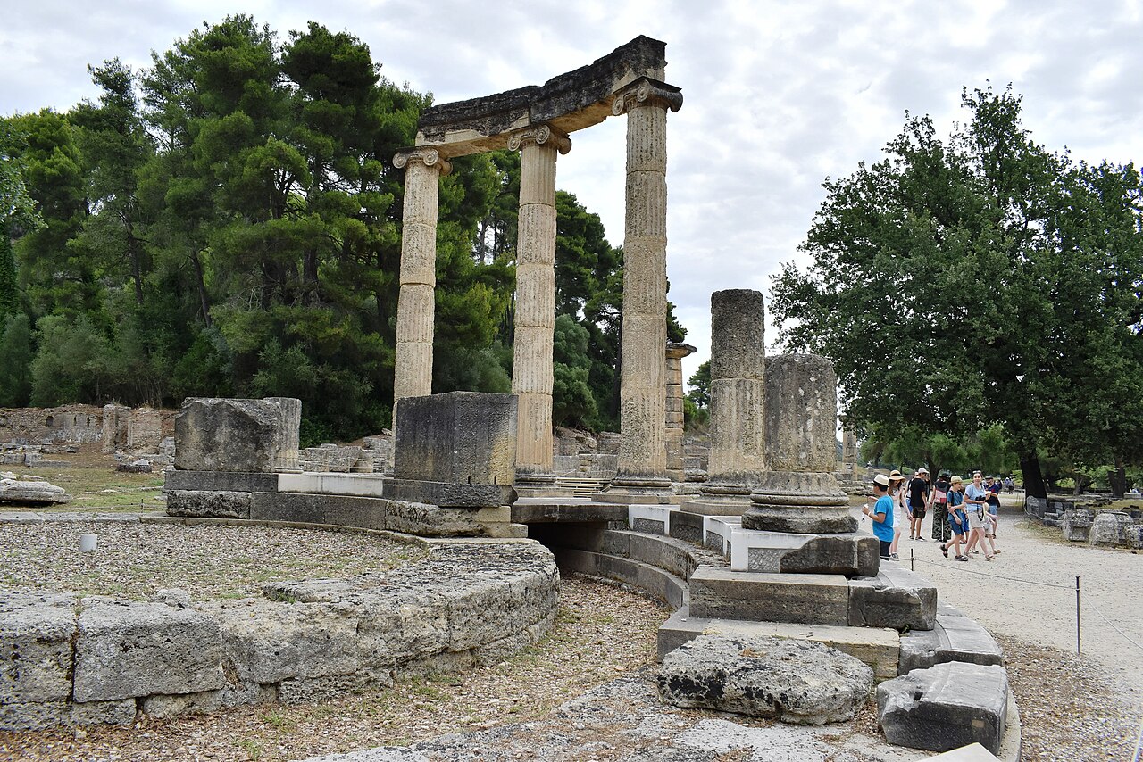 The re-erected Ionic columns of the round Philippeion at Ancient Olympia