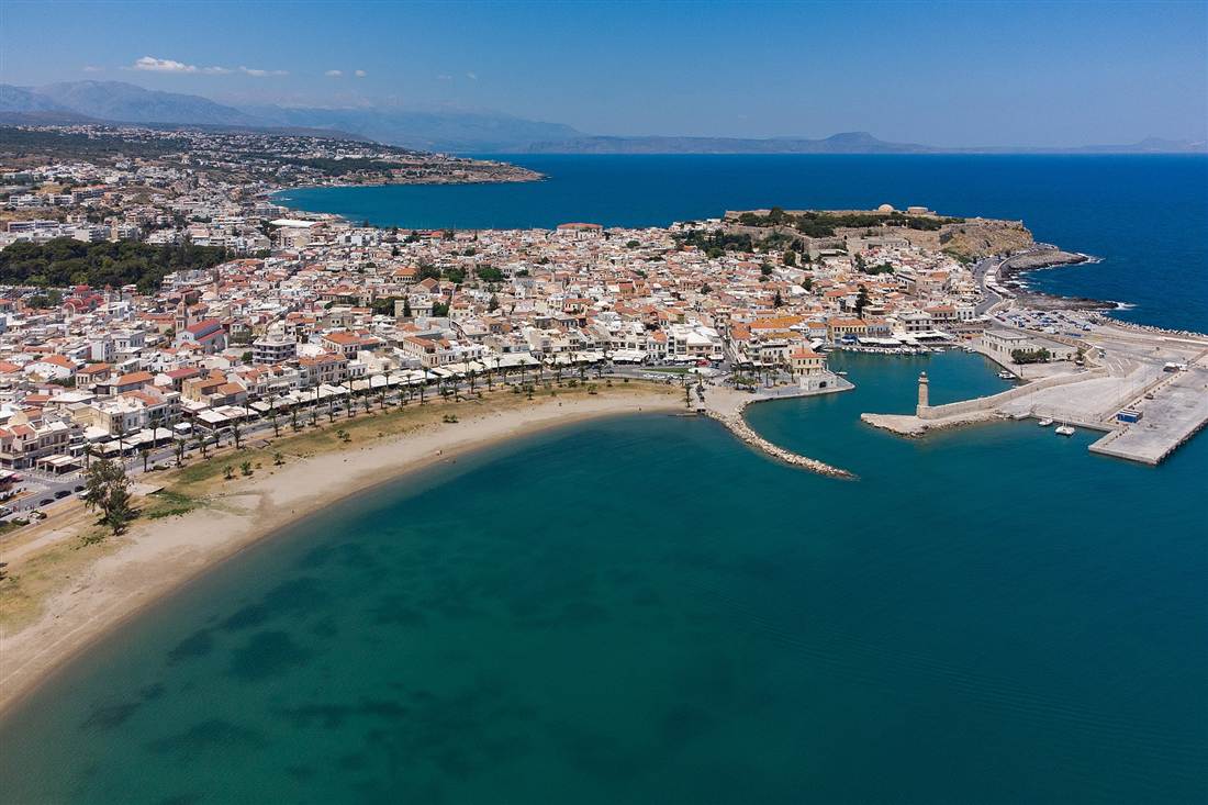 Aerial view of Rethymno old town, the Fortezza and the Venetian harbour, Crete