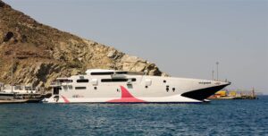 A SeaJets high-speed ferry at the Santorini port, the ferry from Chania