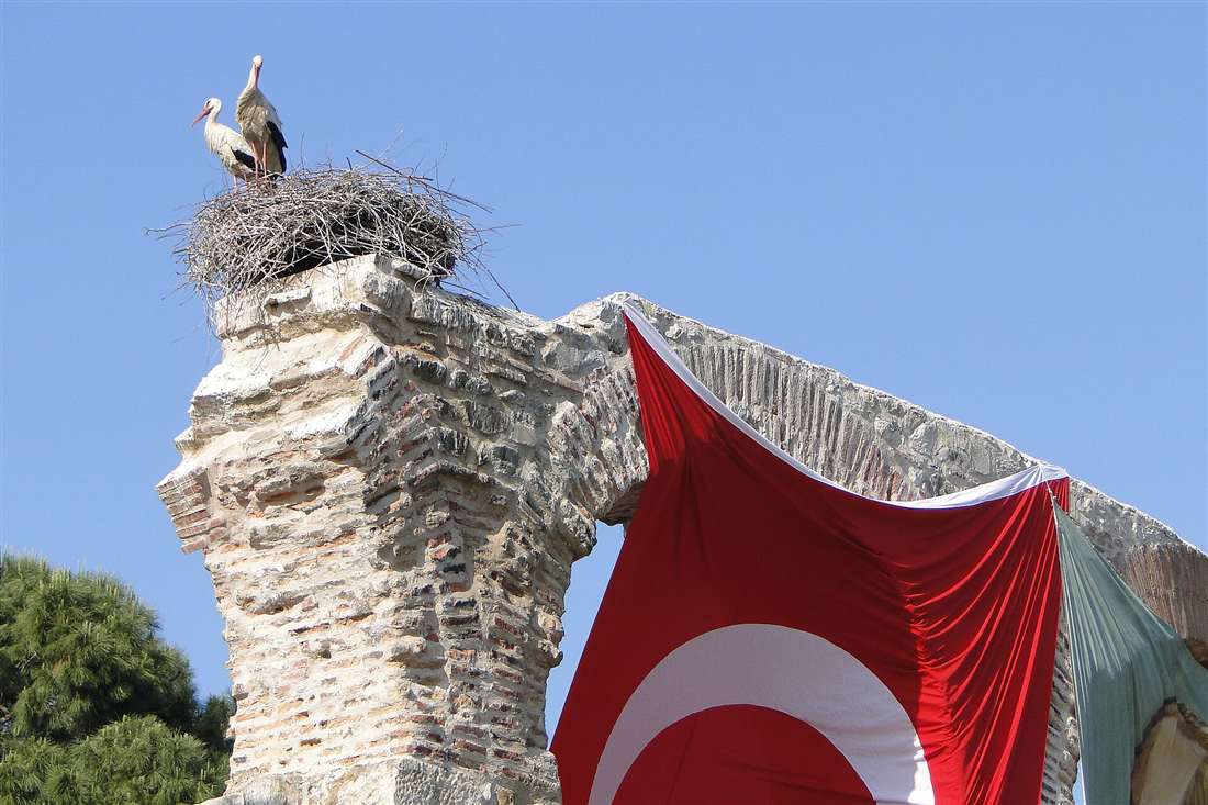 Storks nesting on a Roman column with the Turkish flag at Selcuk