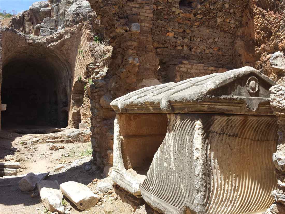 Painted floral frescoes on a rock-cut tomb at the Cave of the Seven Sleepers