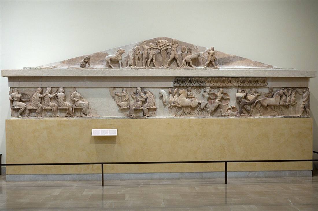 The reconstructed frieze and pediment of the Siphnian Treasury in the Delphi Archaeological Museum