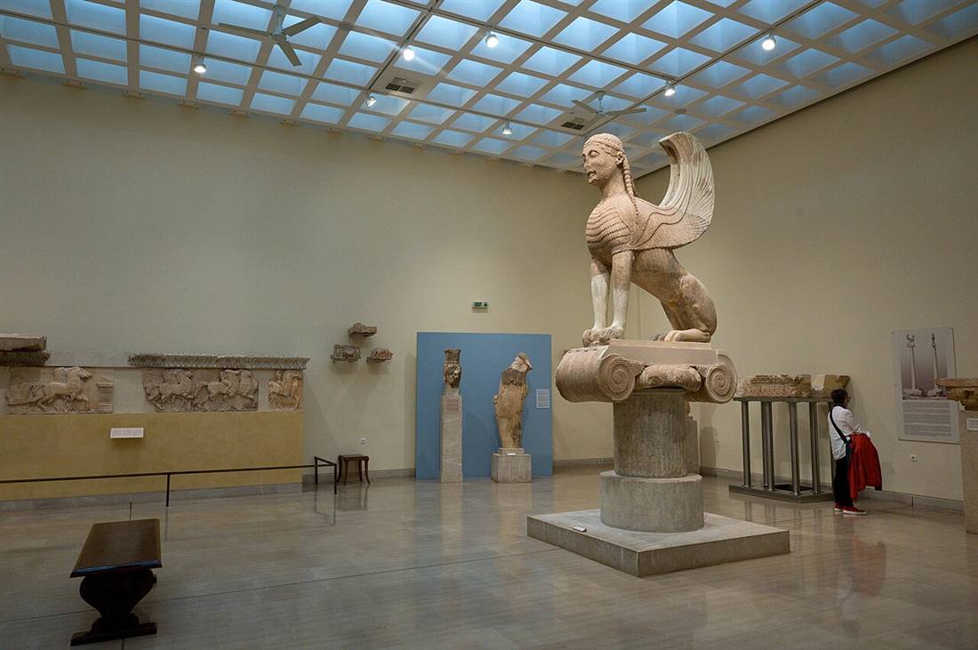 The Sphinx of Naxos raised on its Ionic column in the Delphi Archaeological Museum