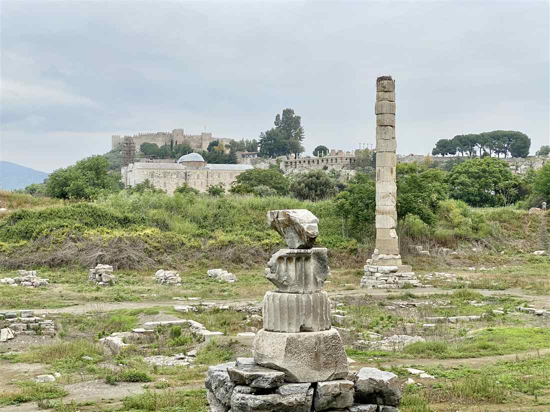 The lone surviving column of the Temple of Artemis at Ephesus, with the Basilica of St John behind