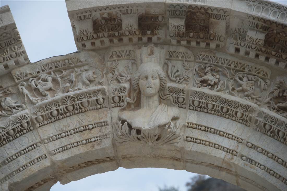 The bust of Tyche on the arch of the Temple of Hadrian at Ephesus