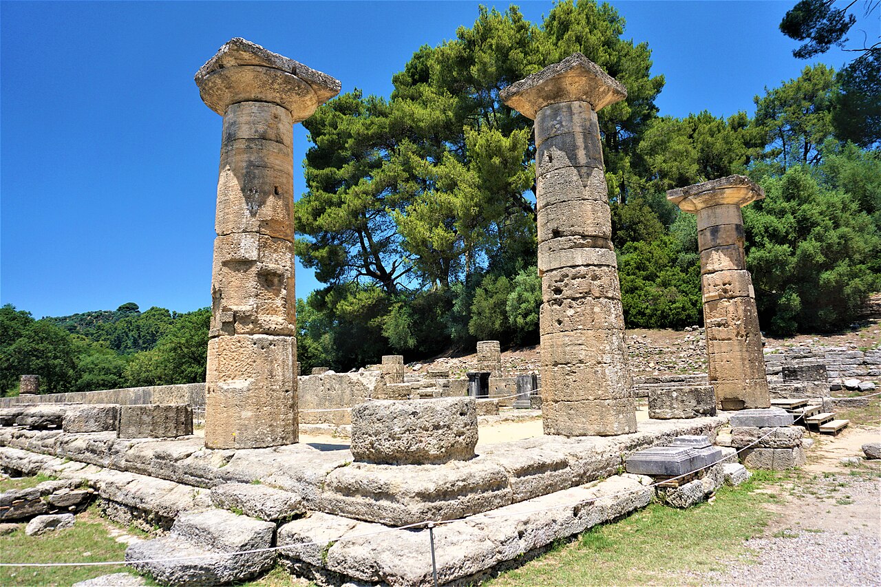 The re-erected Doric columns of the Temple of Hera at Ancient Olympia, the oldest temple of the sanctuary