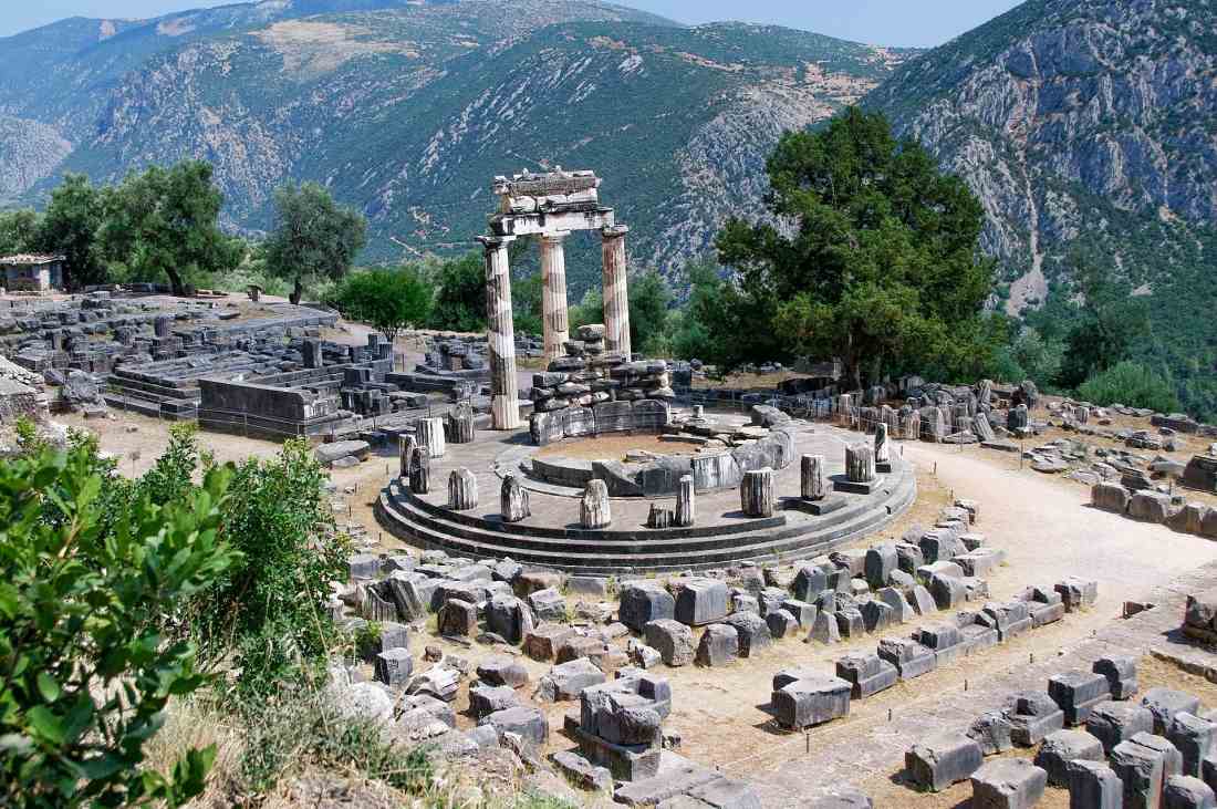 The Tholos of Athena Pronaia at Delphi, the circular temple with three re-erected Doric columns